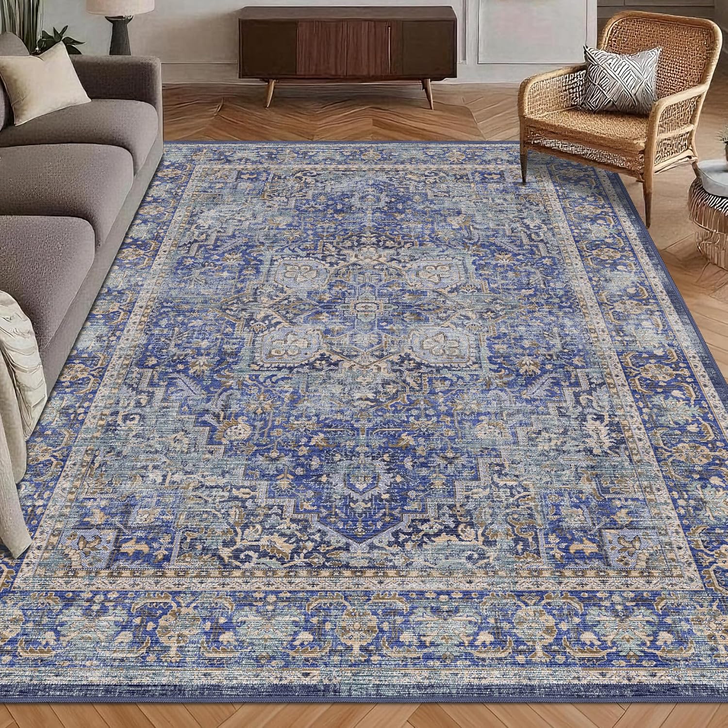 Washable Area Rug 8' x 10' Vintage Traditional Persian Mat - Foldable Distressed Non-Slip Machine Washable Carpet for Living Room Bedroom Kitchen Home Decor - Graphite and Mist